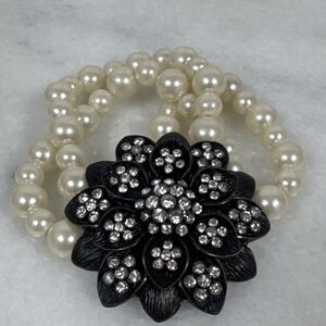 Vintage Triple Strand Faux Pearl, Large Rhinestone Flower Bracelet